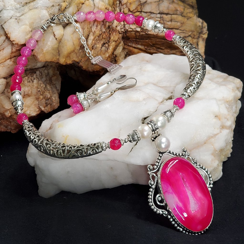 Designer Necklace Natural Druzy Agate Freshwater Pearls Silver Plated